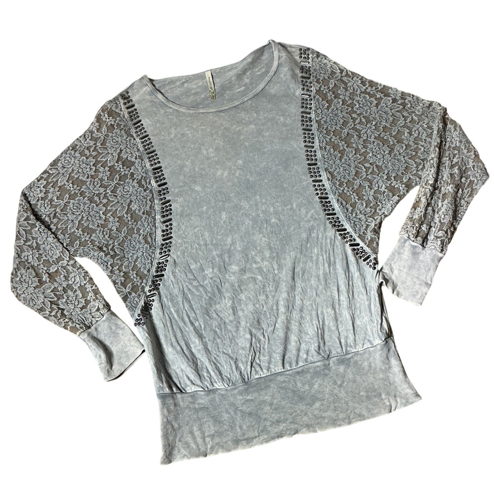 American Age Acid Wash Lace Studded Top Womens M Grey Boho Dolman Batwing Blouse